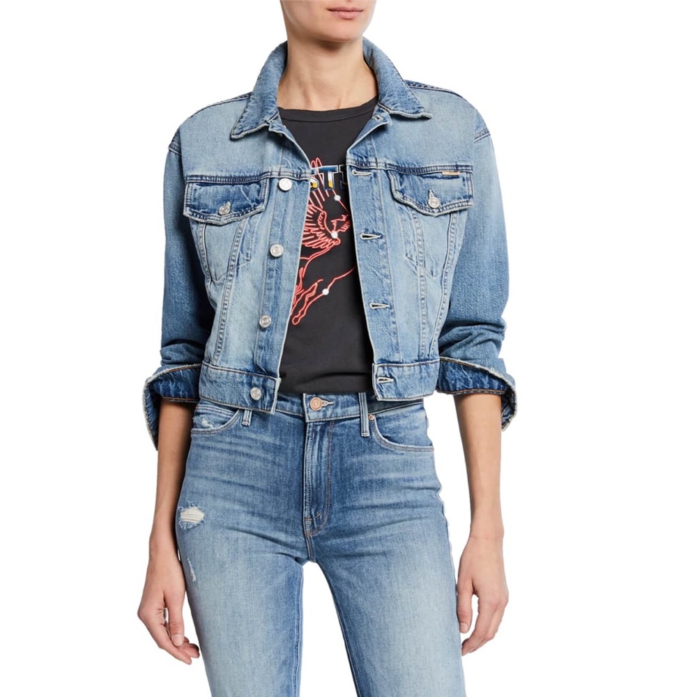 😎 MOTHER Denim The Big Shorty Jean Jacket sz Large Distressed Cropped Designer